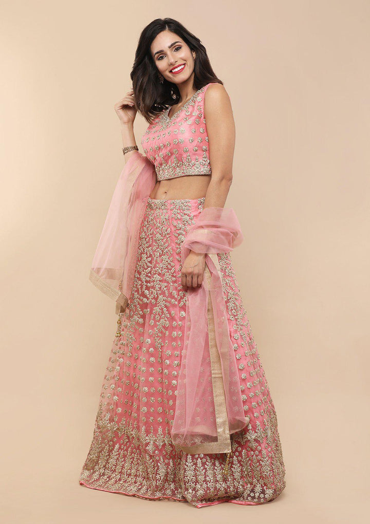 Pink Thread Work Net Designer Lehenga-Koskii