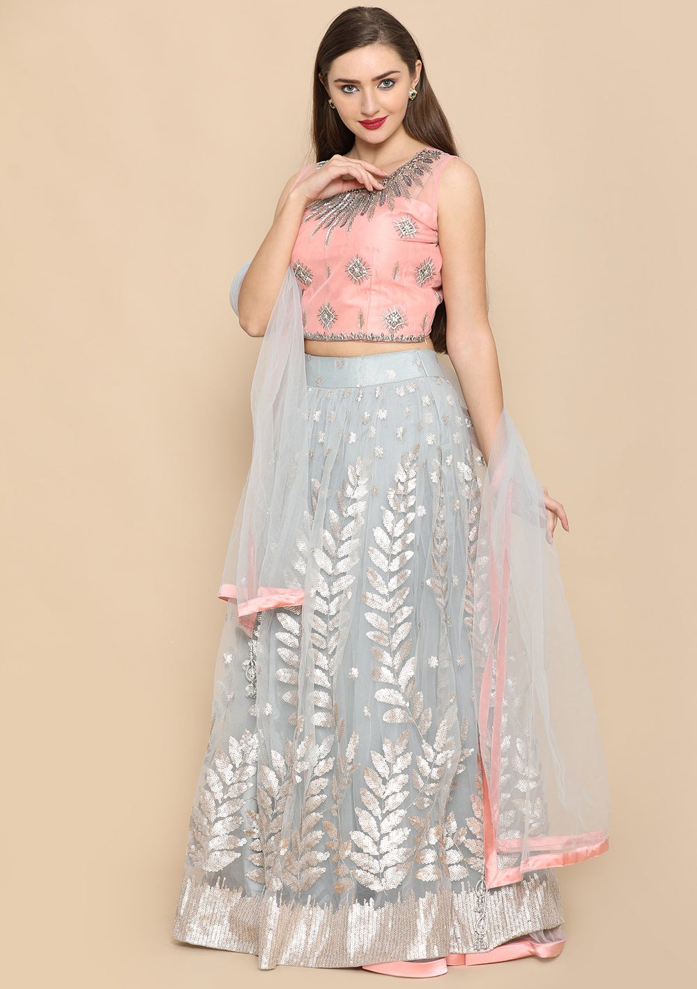 Grey Stone Work Satin Designer Lehenga-Koskii