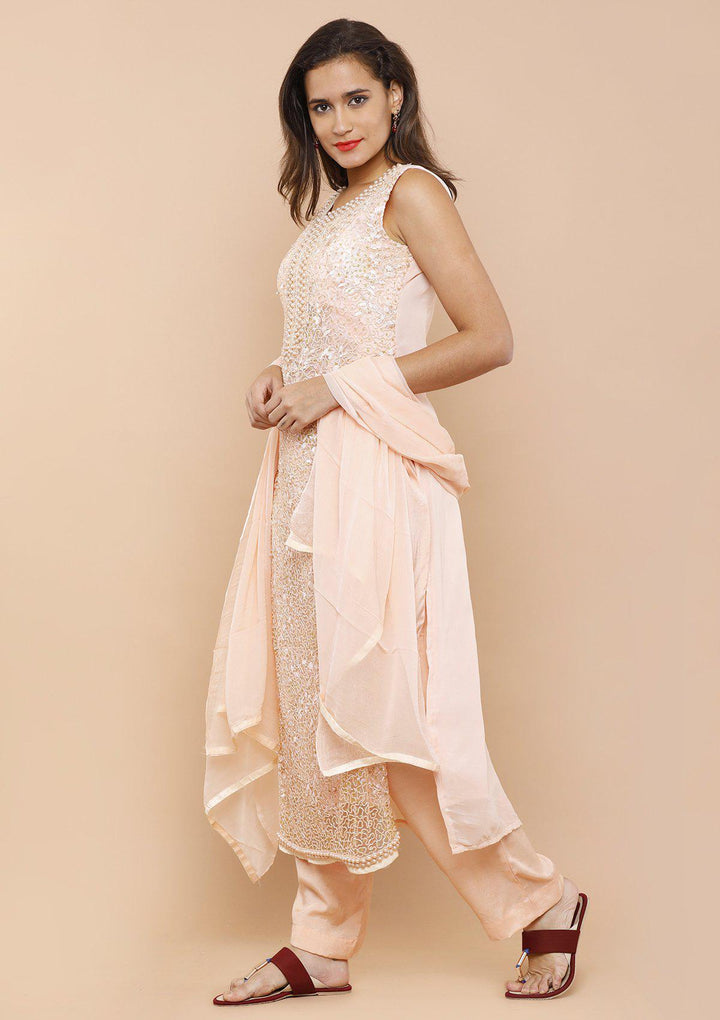 Peach Pearlwork Net Designer Salwar Suit-Koskii