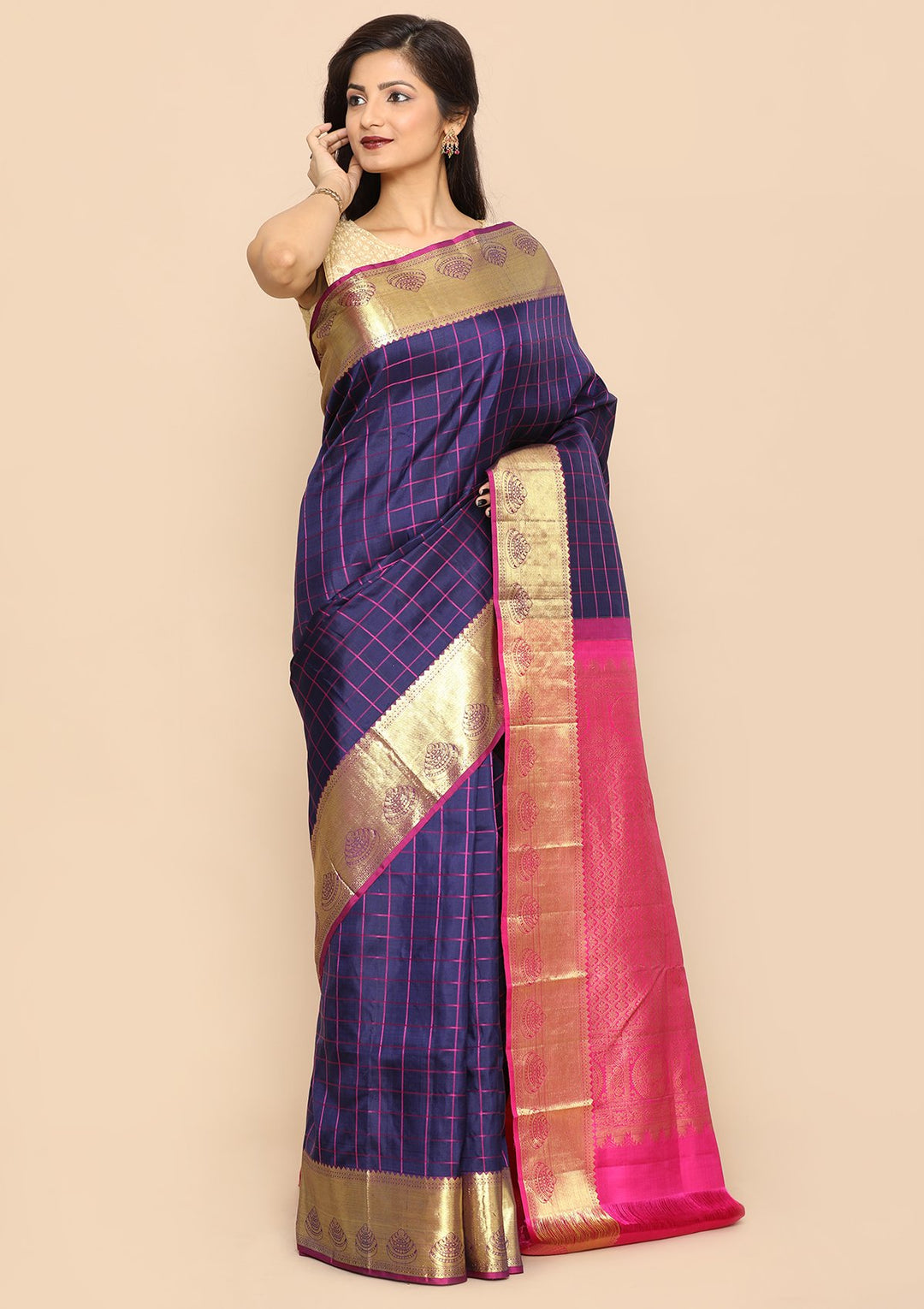 Navy Blue and Magenta Handmade Saree-Koskii