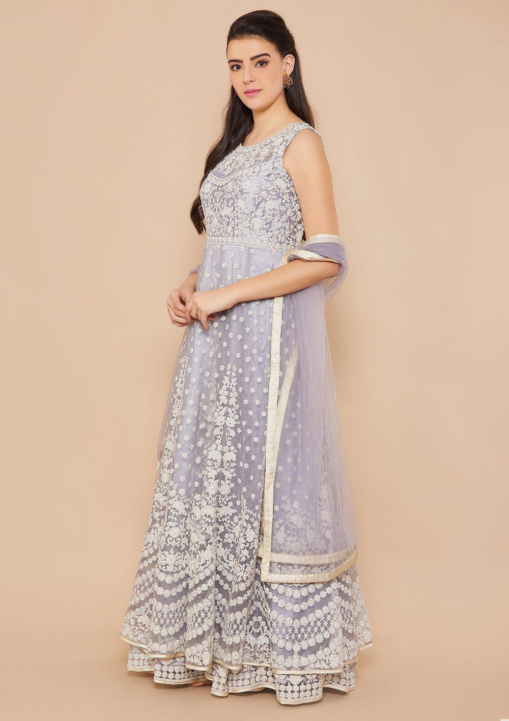 Grey Zariwork Net Designer Gown-Koskii