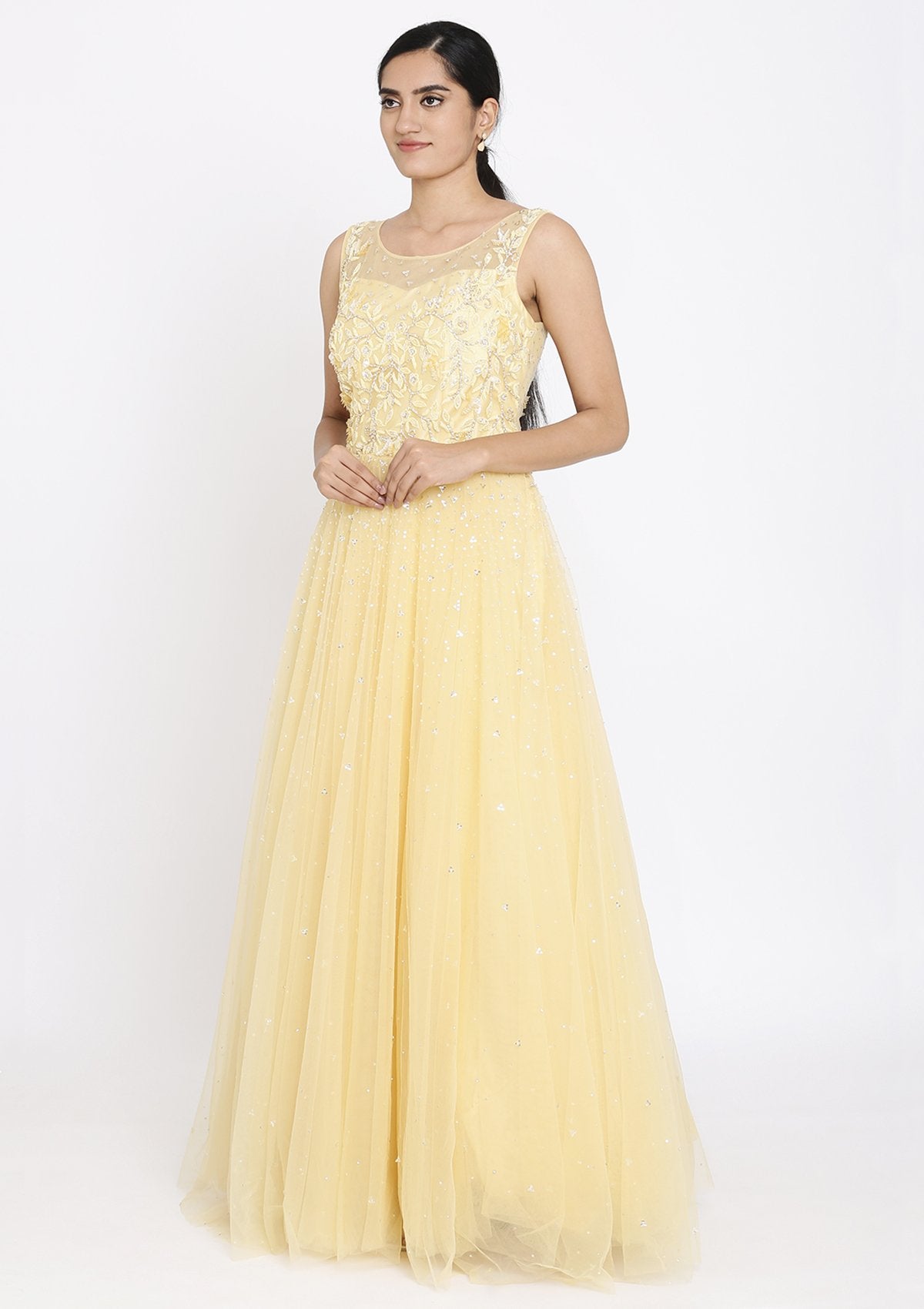 Yellow Cutdana Net Designer Gown - koskii