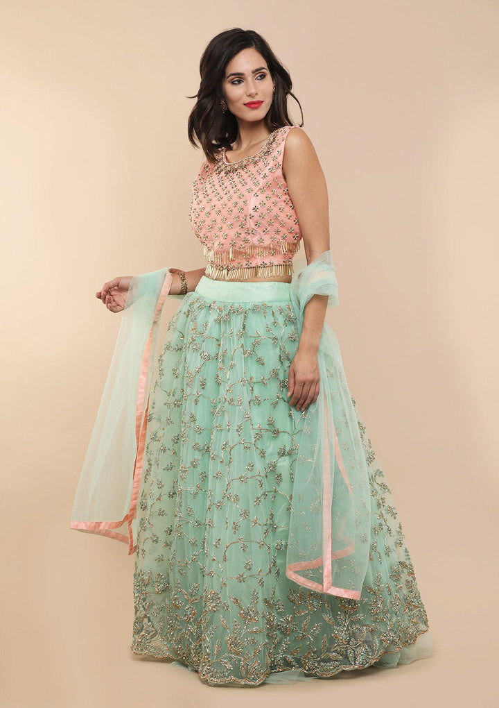 Pink and Pista Green Net Designer Lehenga-Koskii