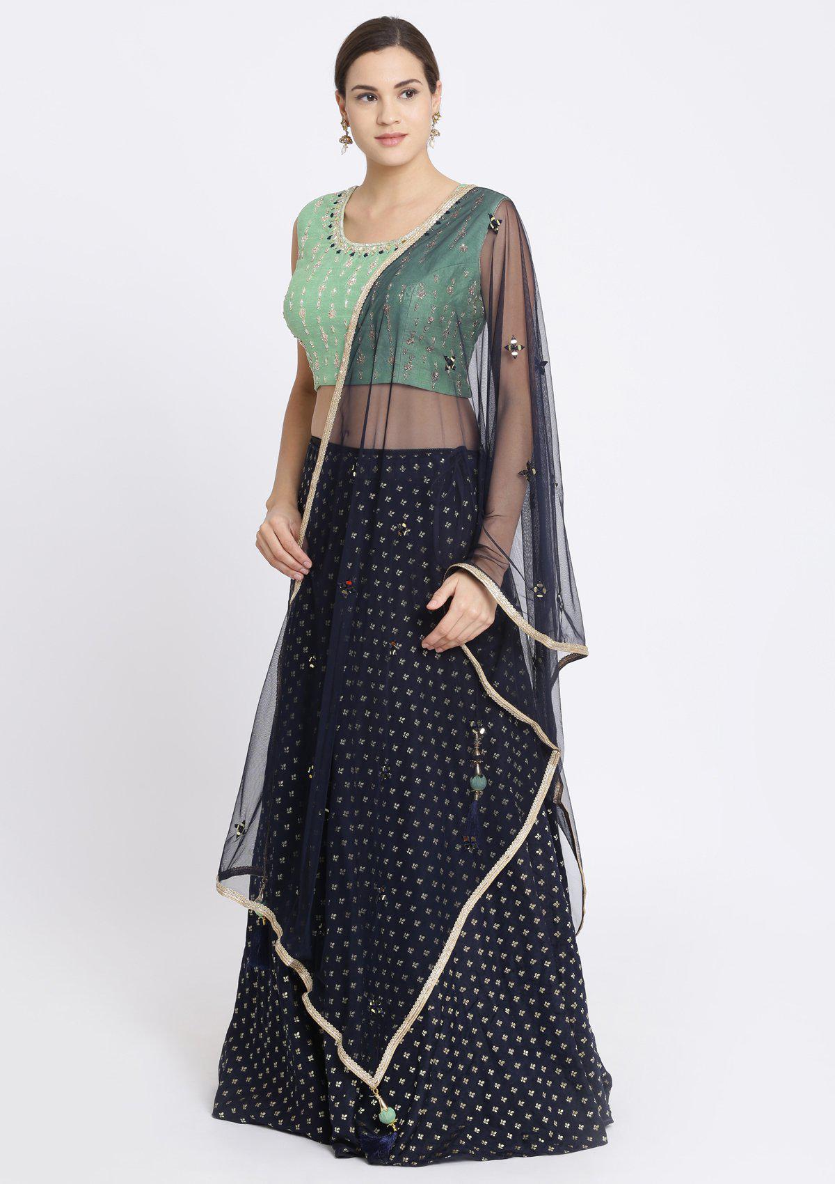 Navy Blue Zardozi Chanderi Designer Lehenga-Koskii