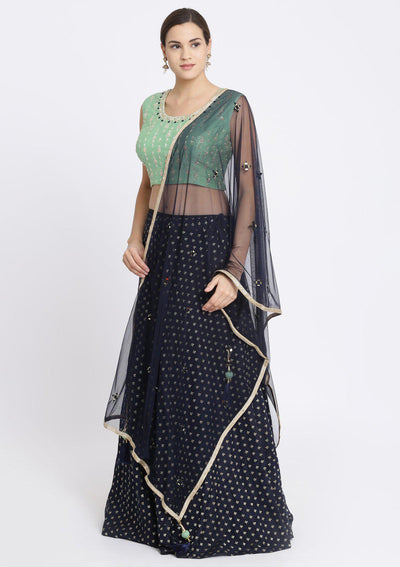 Navy Blue Zardozi Chanderi Designer Lehenga-Koskii