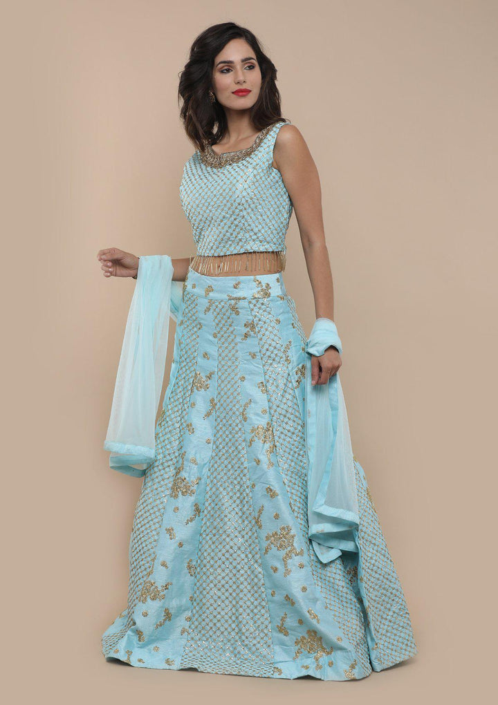 Blue Sequinned Raw Silk Designer Lehenga-Koskii