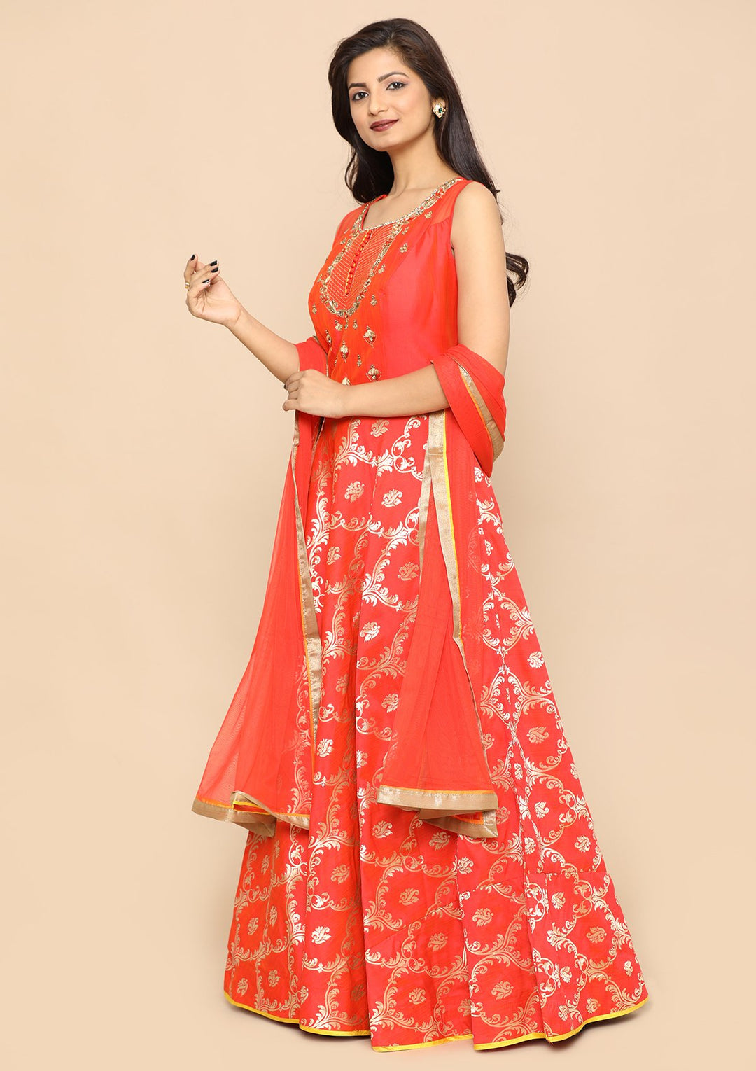 Orange Zari Work Silk Designer Gown-Koskii