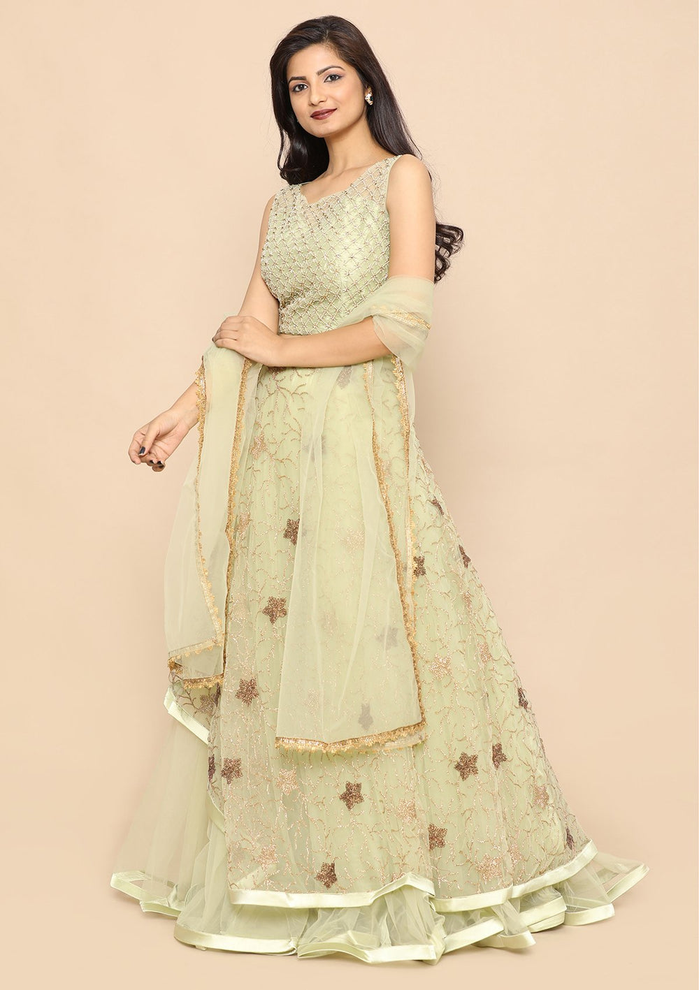 Pista Green Net Designer Lehenga-Koskii