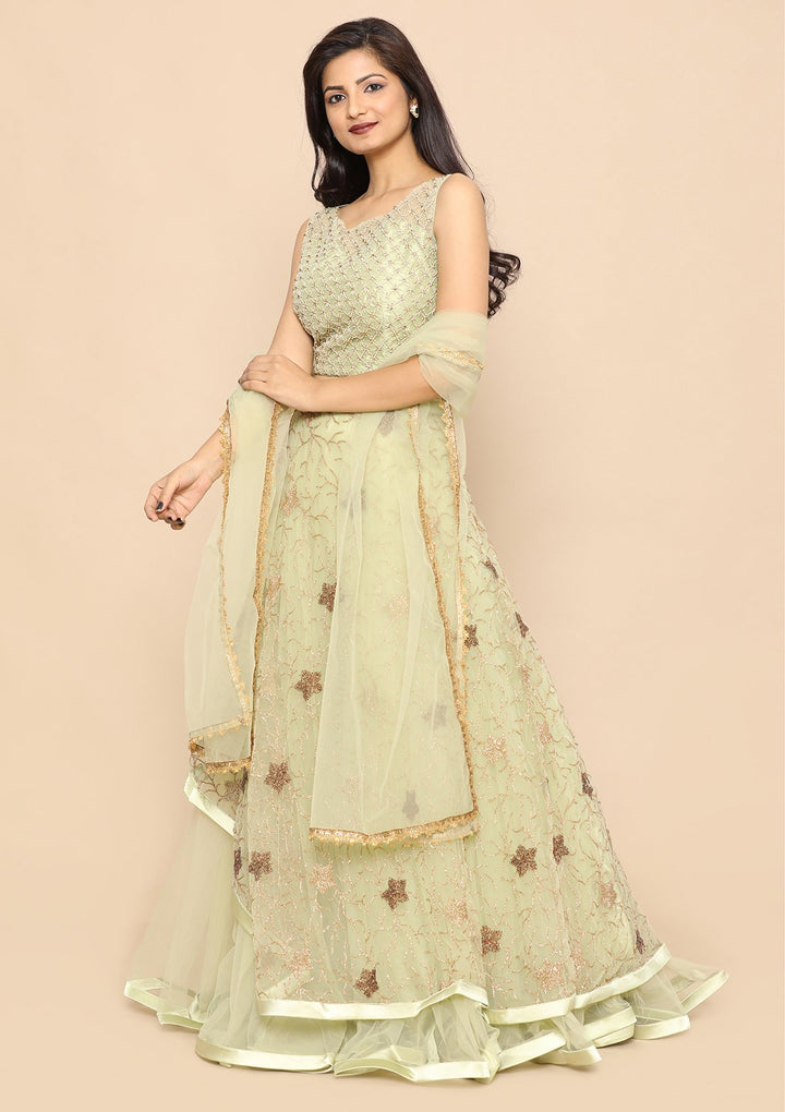 Pista Green Net Designer Lehenga-Koskii