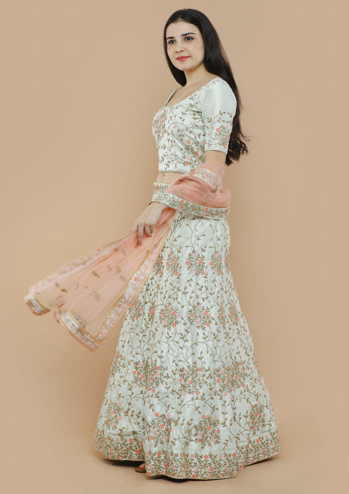 Pastel Green Zari Work Silk Designer Lehenga-Koskii
