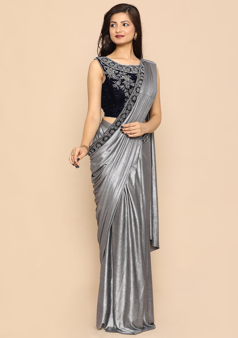 Grey Ready to Drape Designer Saree-Koskii