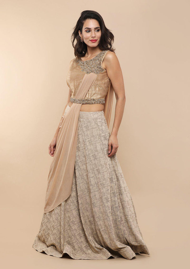 Gold Mirror Work Silk Drape Designer Lehenga-Koskii