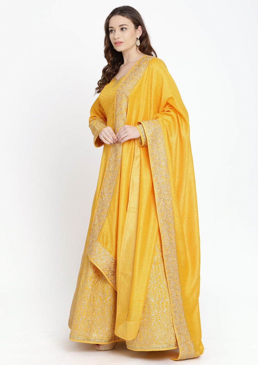 Yellow Swarovski Raw Silk Designer Gown-Koskii