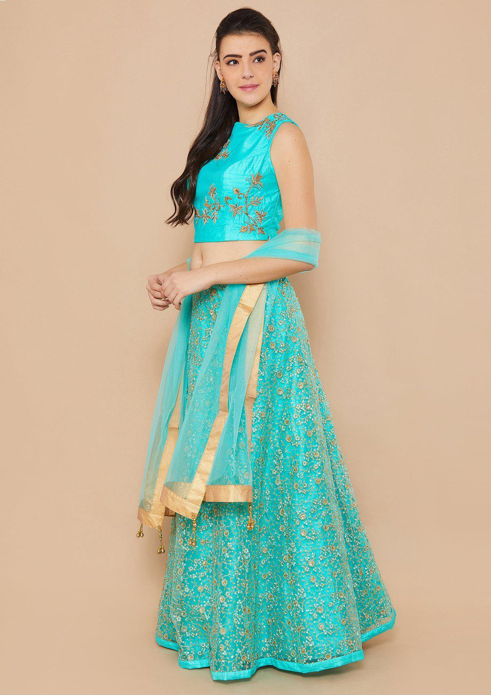 Cyan Zariwork Net Designer Lehenga-Koskii