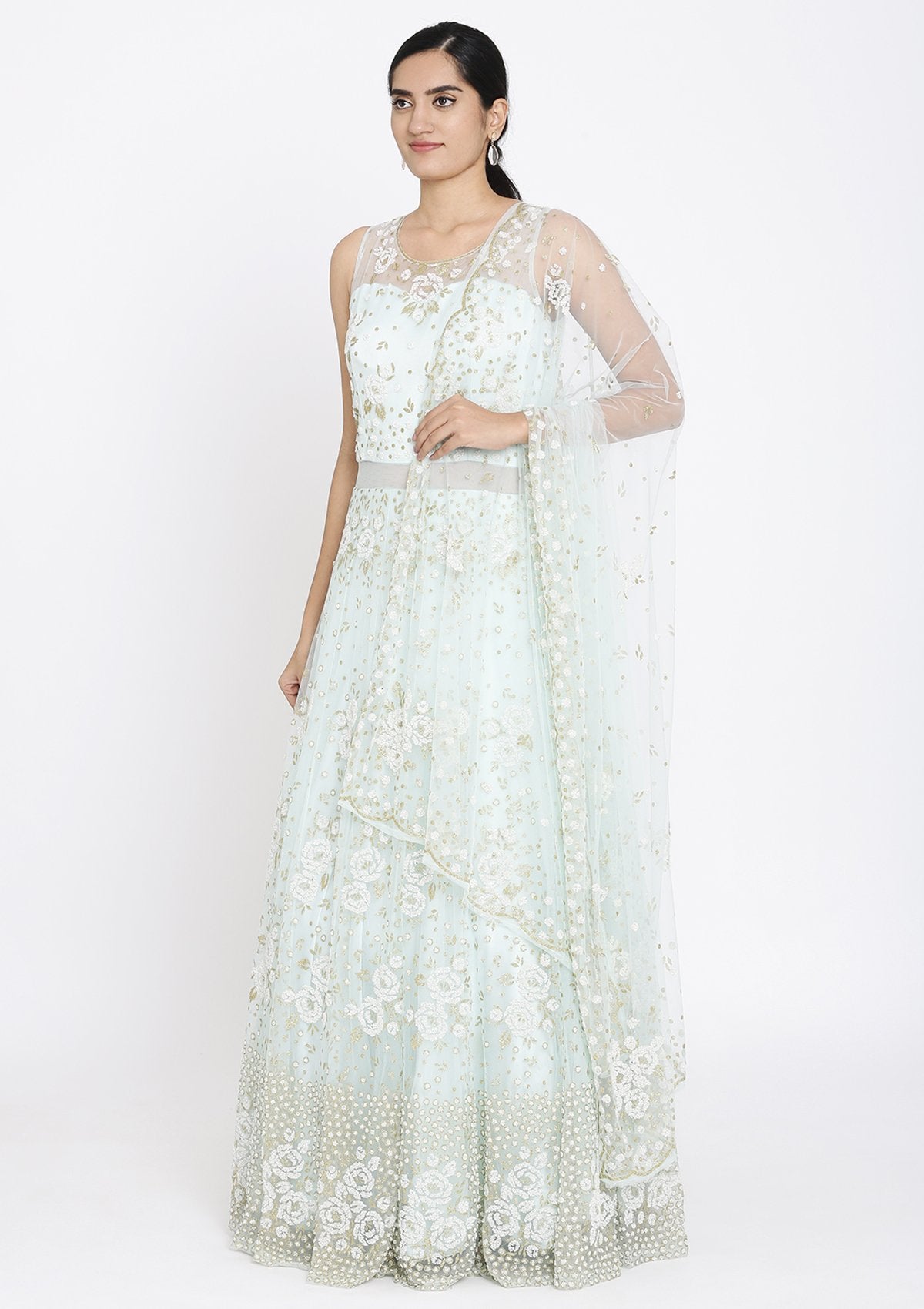 Sky Blue Cutdana Net Designer Gown - koskii
