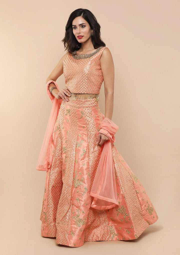 Peach Zari Work Silk Designer Lehenga-Koskii