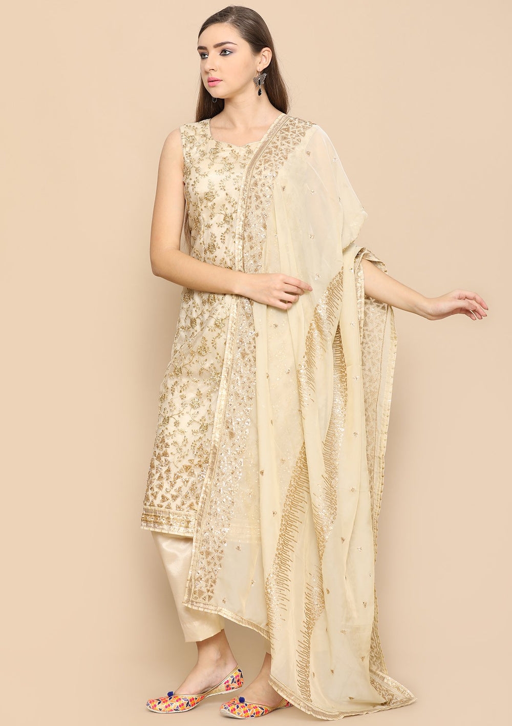 gold zari work designer salwar suit-Koskii