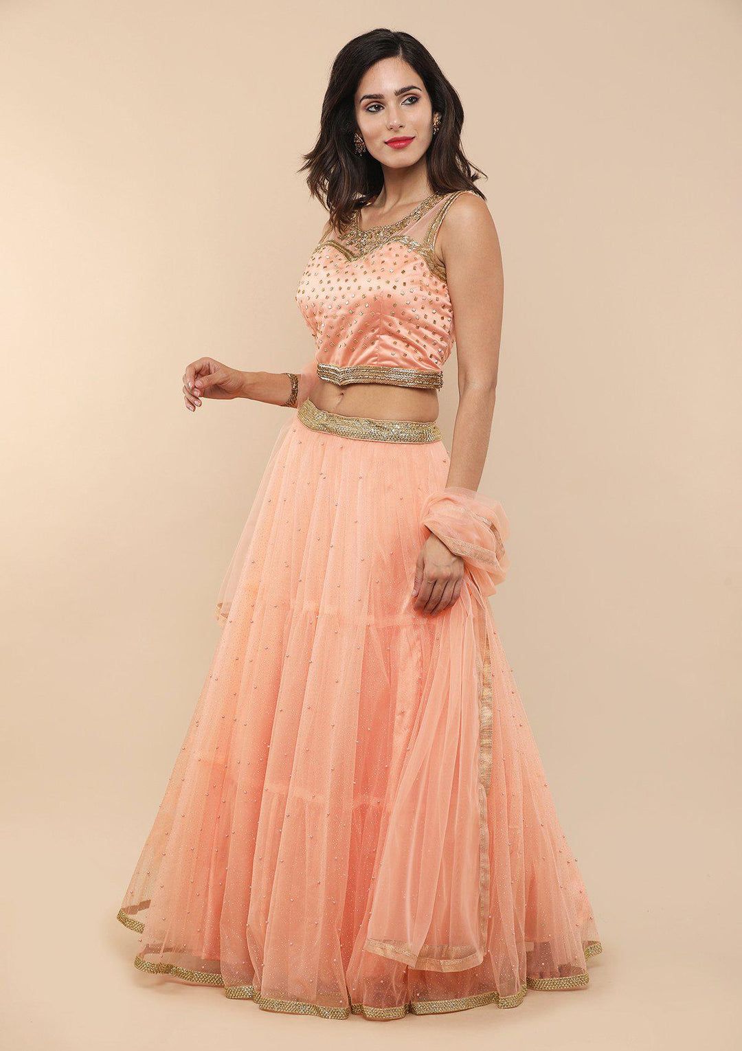 Peach Pearlwork Net Designer Lehenga-Koskii