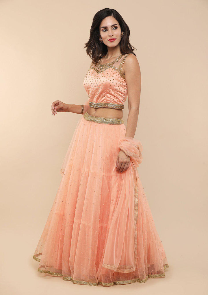 Peach Pearlwork Net Designer Lehenga-Koskii
