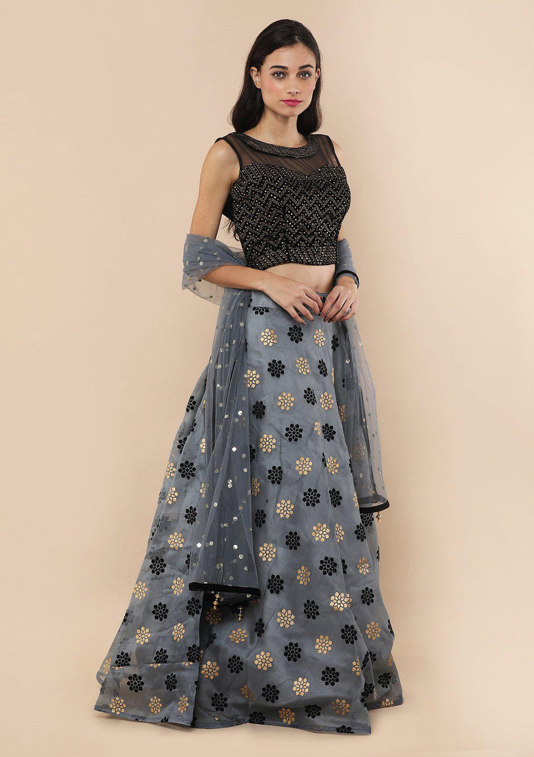Koskii Grey Tissue Lehenga-Koskii
