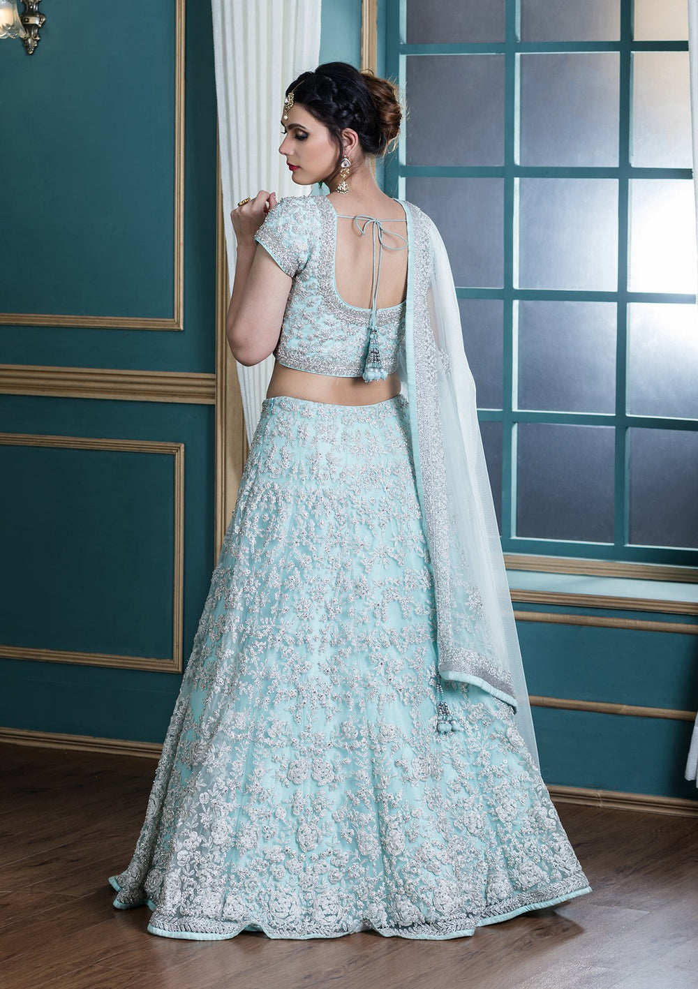 Powder Blue Sequinned Net Designer Lehenga-Koskii