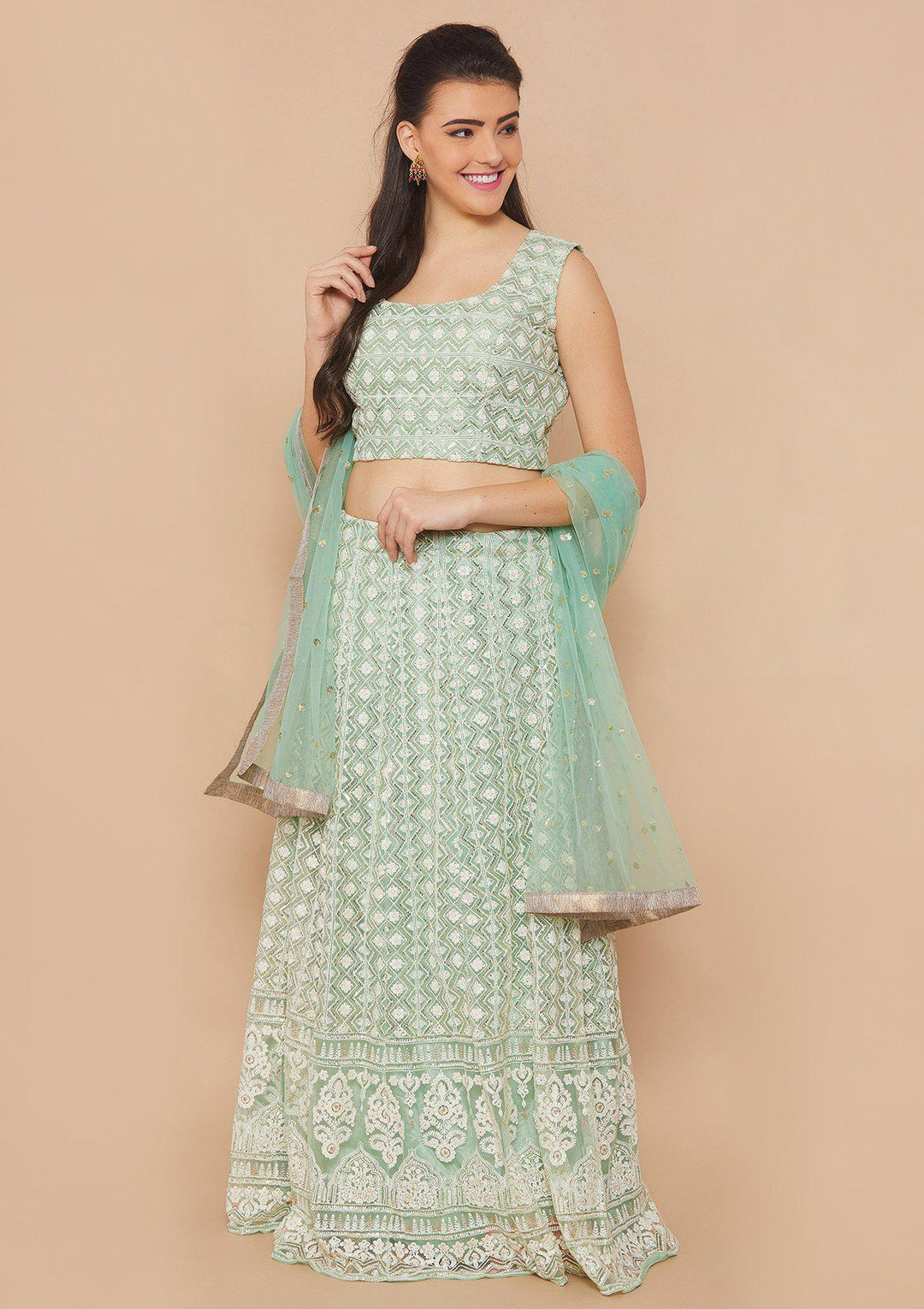 Green Thread-Work Net Designer Lehenga-Koskii