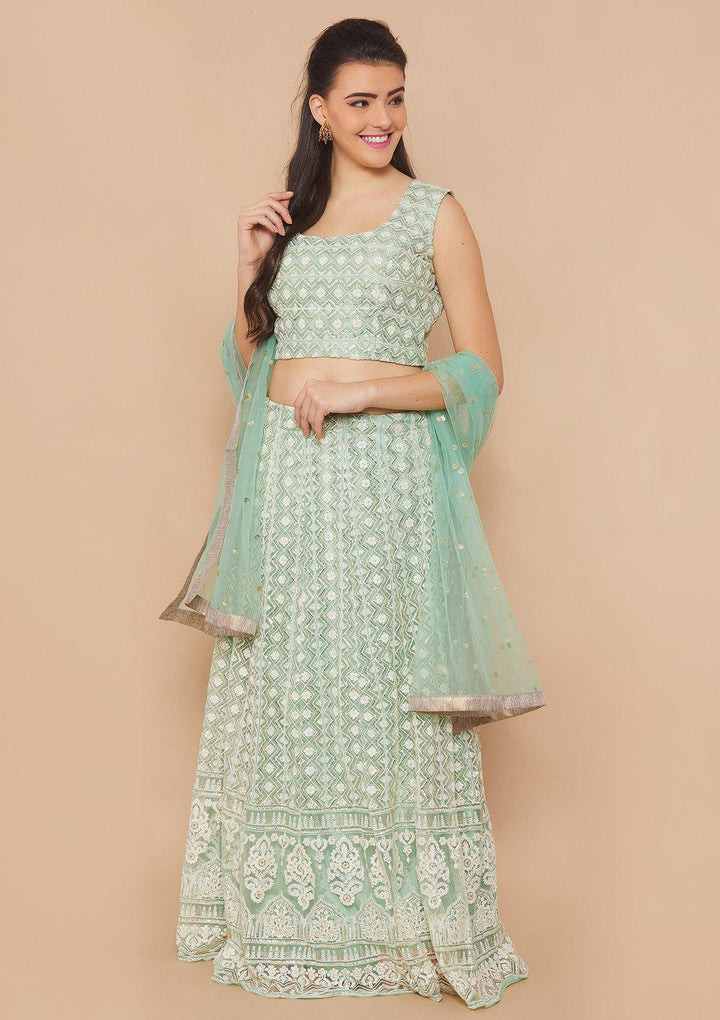 Green Thread-Work Net Designer Lehenga-Koskii