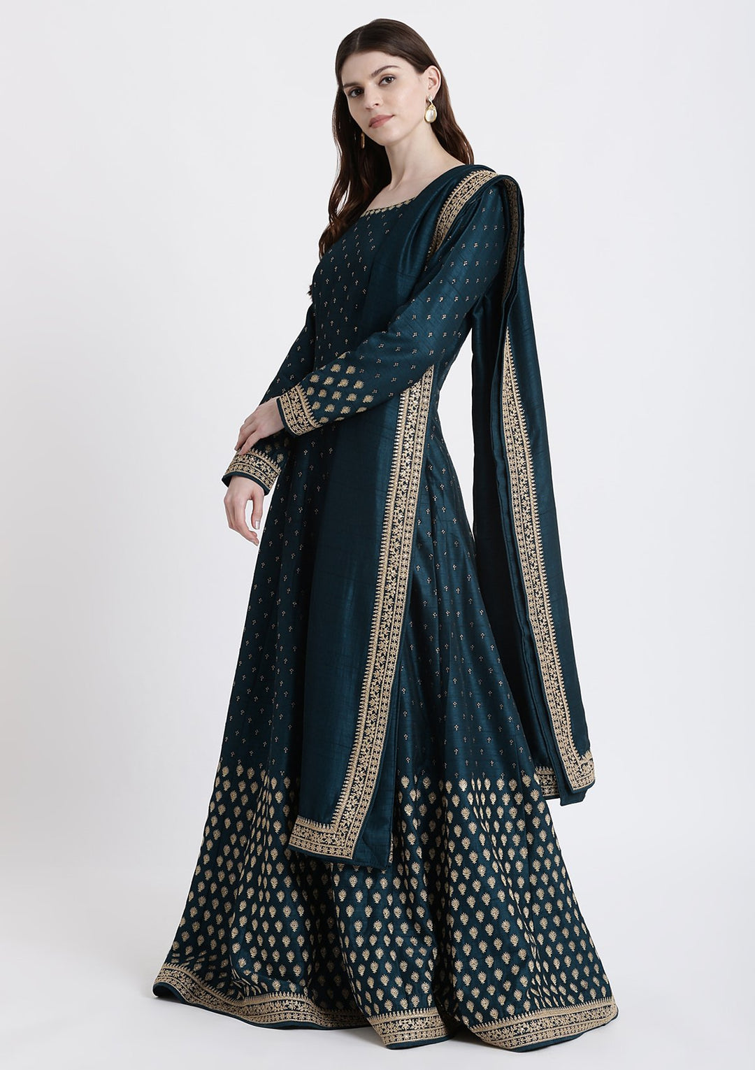 Peacock Blue Zariwork Rawsilk Designer Gown-Koskii