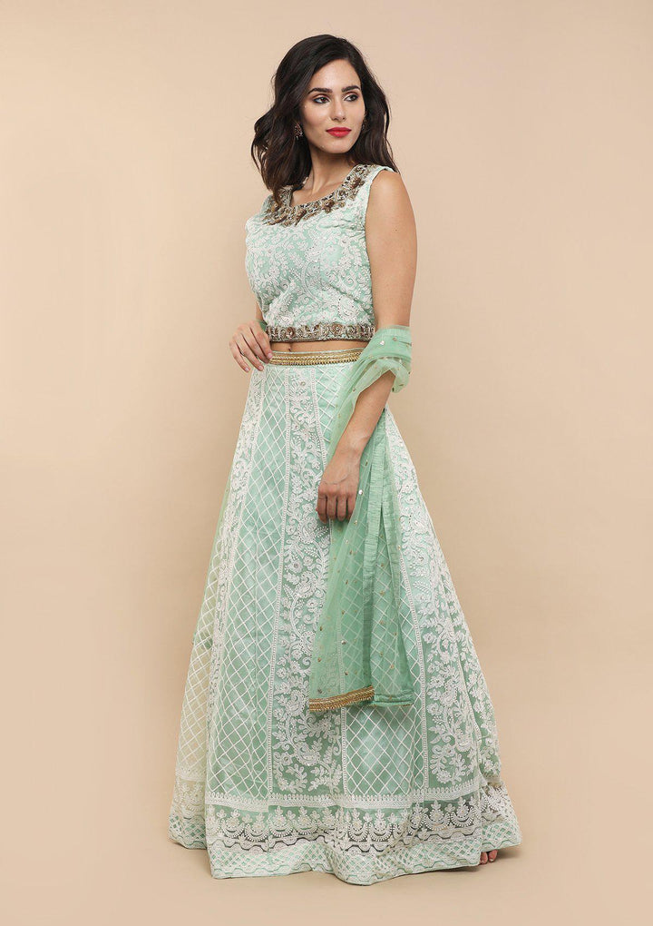 Green Thread Work Net Designer Lehenga-Koskii