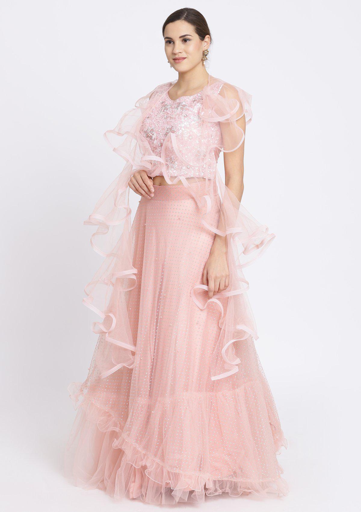 Baby Pink Sequins Net Designer Lehenga-Koskii