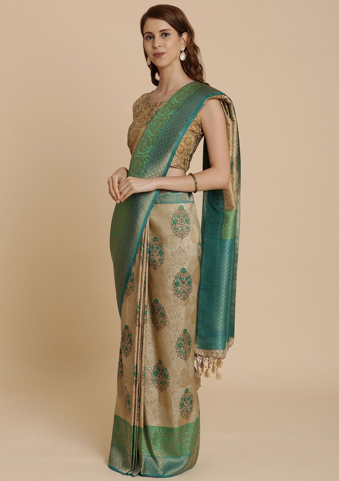 Green and Cream Art Silk Designer Saree-Koskii
