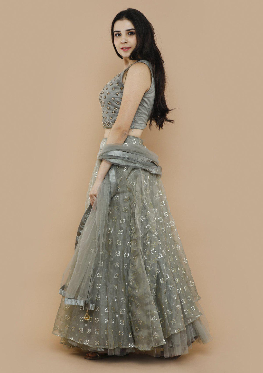 Grey Tissue Silk Net Designer Lehenga-Koskii