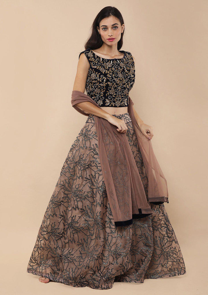 Beige Zardozi Work Velvet Designer Lehenga-Koskii