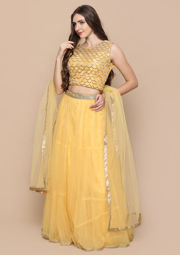 Yellow Shimmer Appliqu???Ìâ?å©d Silk Designer Lehenga-Koskii
