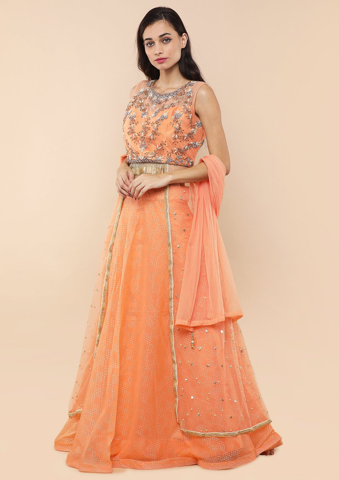 Dark Peach Stone Work Tissue Designer Lehenga-Koskii