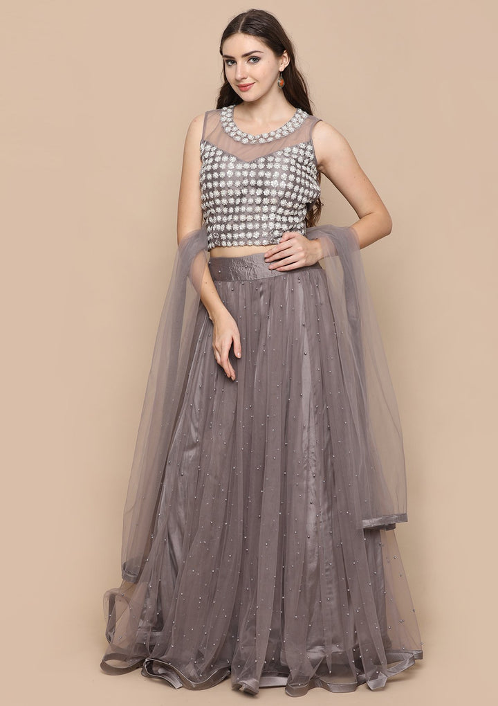 Dark Grey Pearl Embellished Satin Silk Designer Lehenga-Koskii