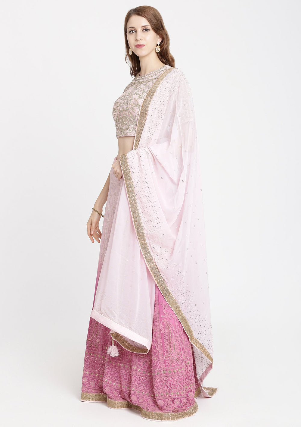 Pink Threadwork Chiffon Designer Lehenga-Koskii