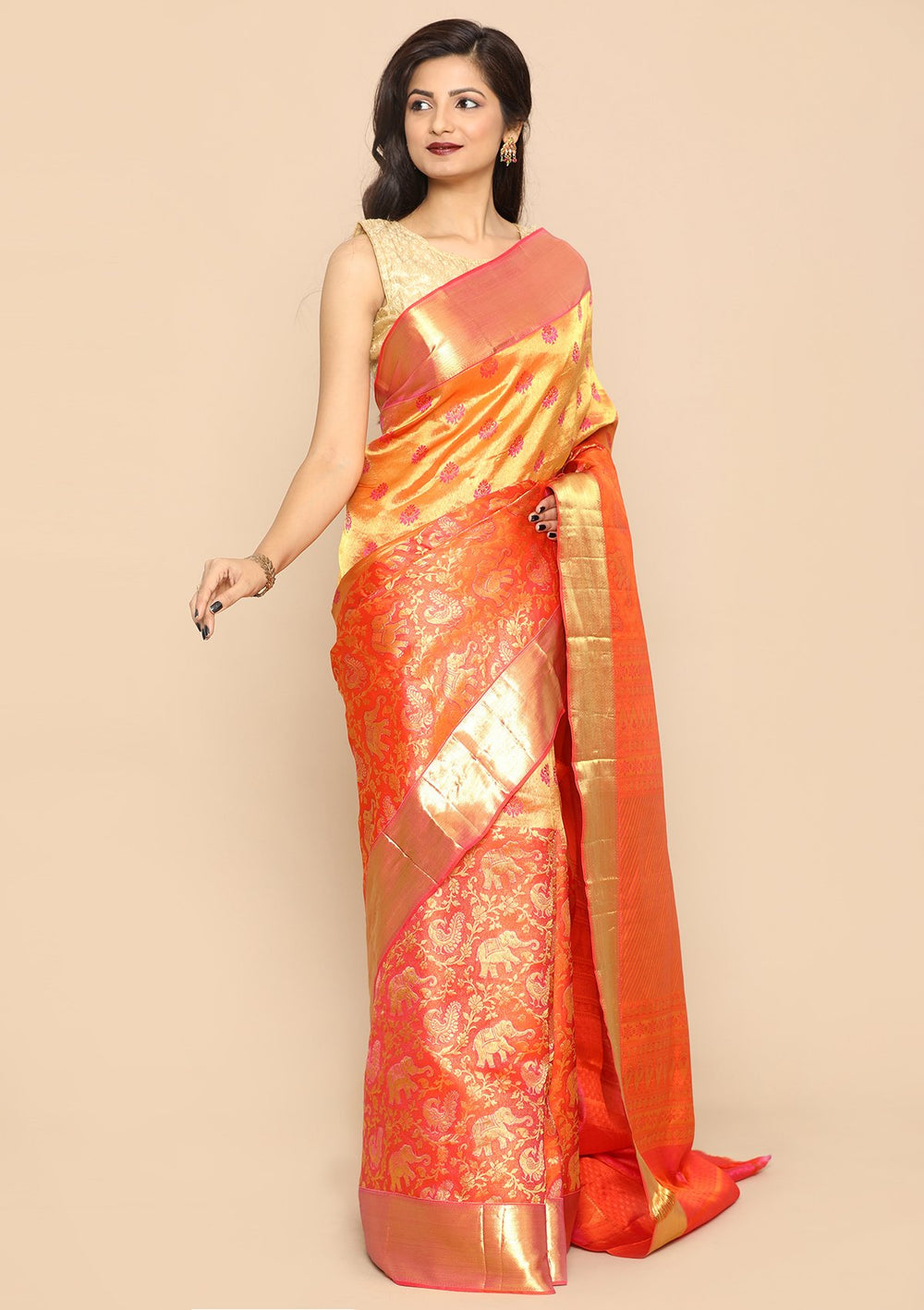 Orange Color Shot Zari Border Handloom Saree-Koskii