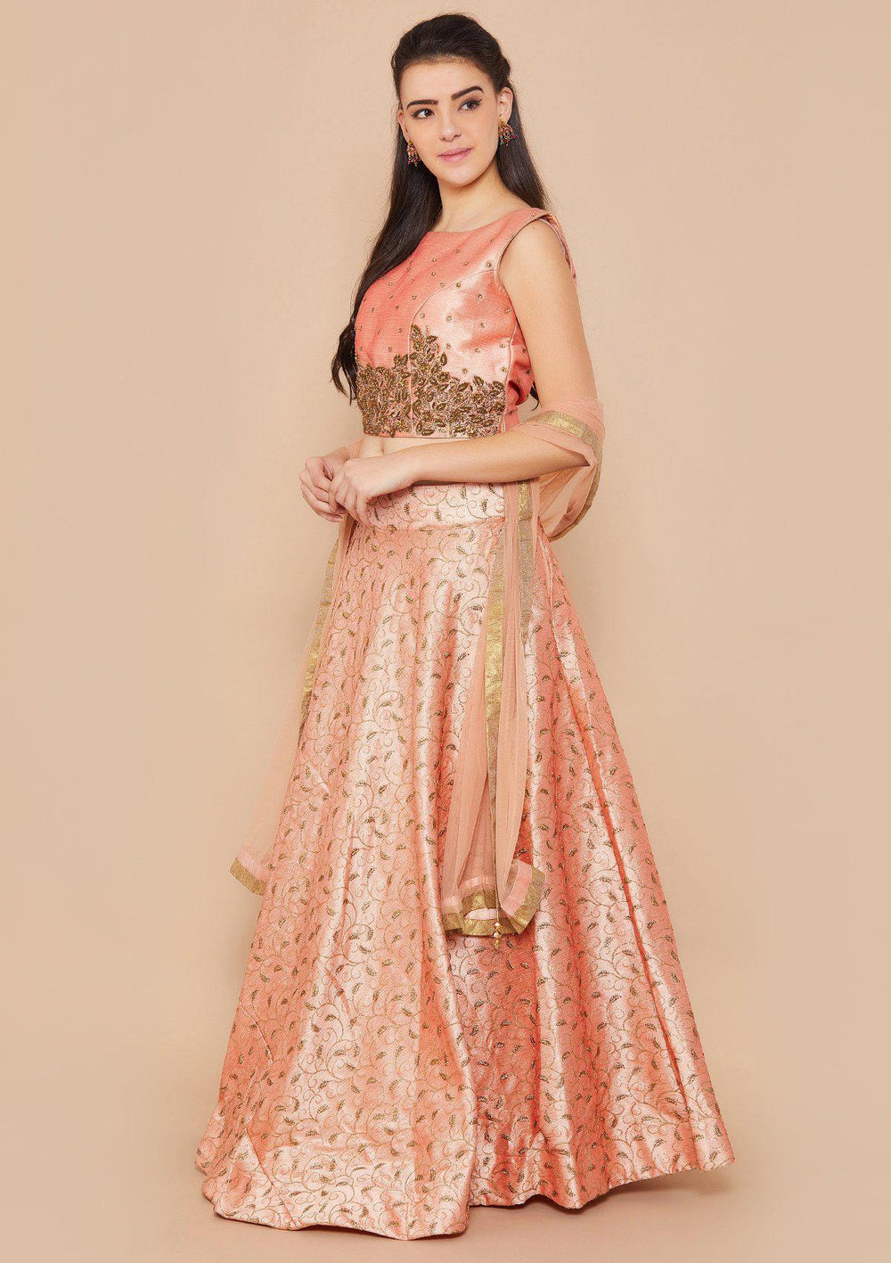 Peach Stonework Raw-silk Designer Lehenga-Koskii