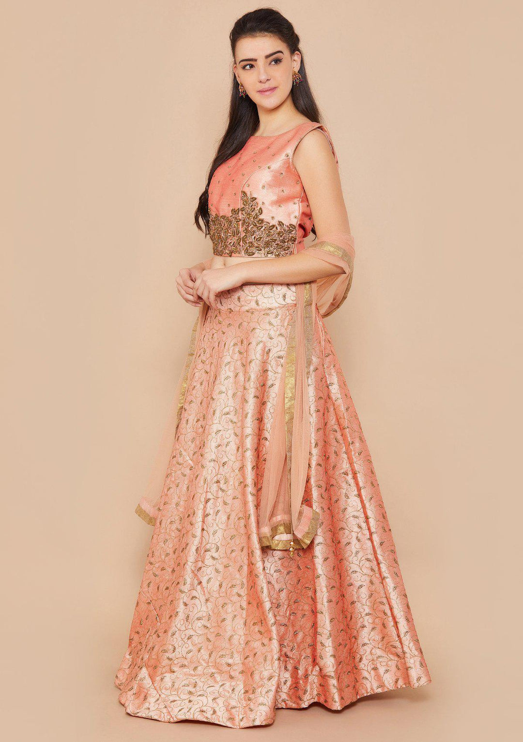 Peach Stonework Raw-silk Designer Lehenga-Koskii
