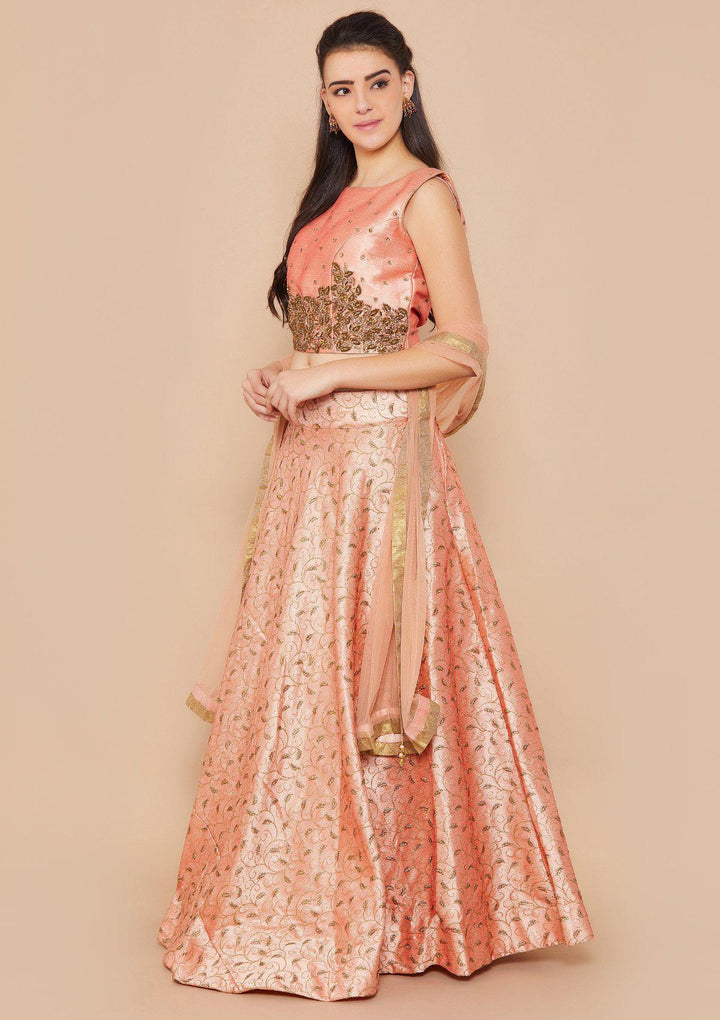 Peach Stonework Raw-silk Designer Lehenga-Koskii