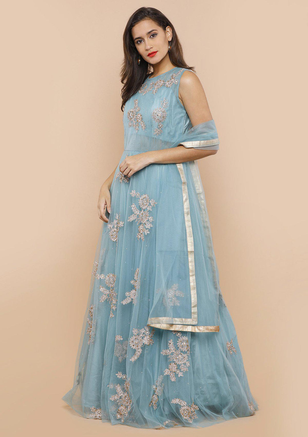 koskii teal blue floral net gown-Koskii