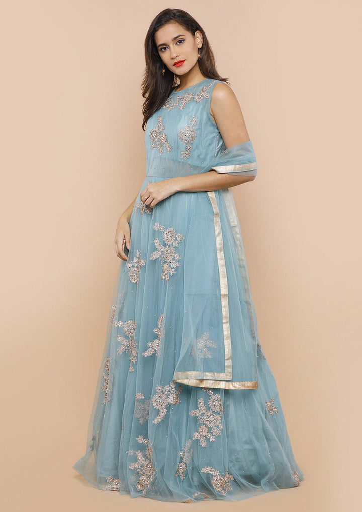koskii teal blue floral net gown-Koskii