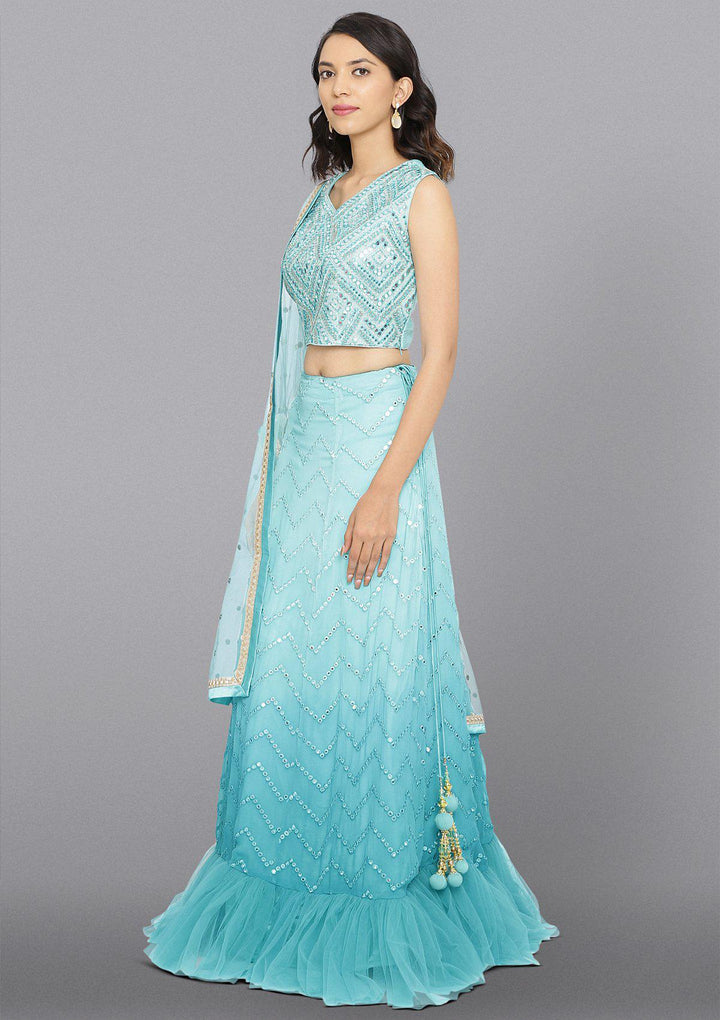 Sea Green Mirrorwork Net Designer Lehenga-Koskii