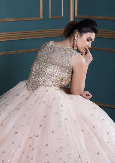 Peach Pink Embellished Net Designer Gown-Koskii