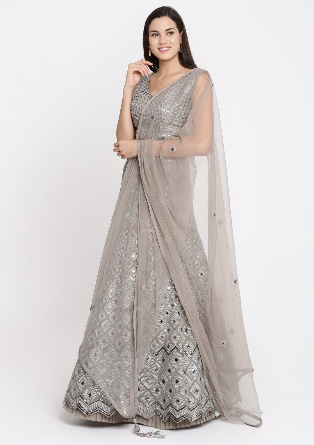 Grey Mirrorwork Tissue Designer Lehenga-Koskii