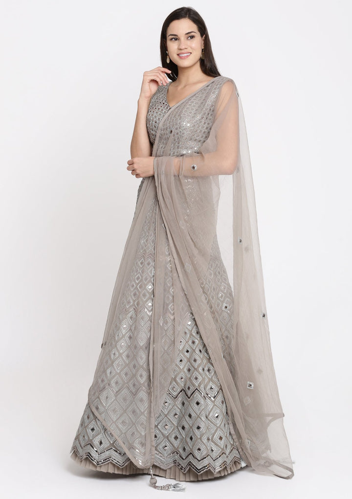 Grey Mirrorwork Tissue Designer Lehenga-Koskii