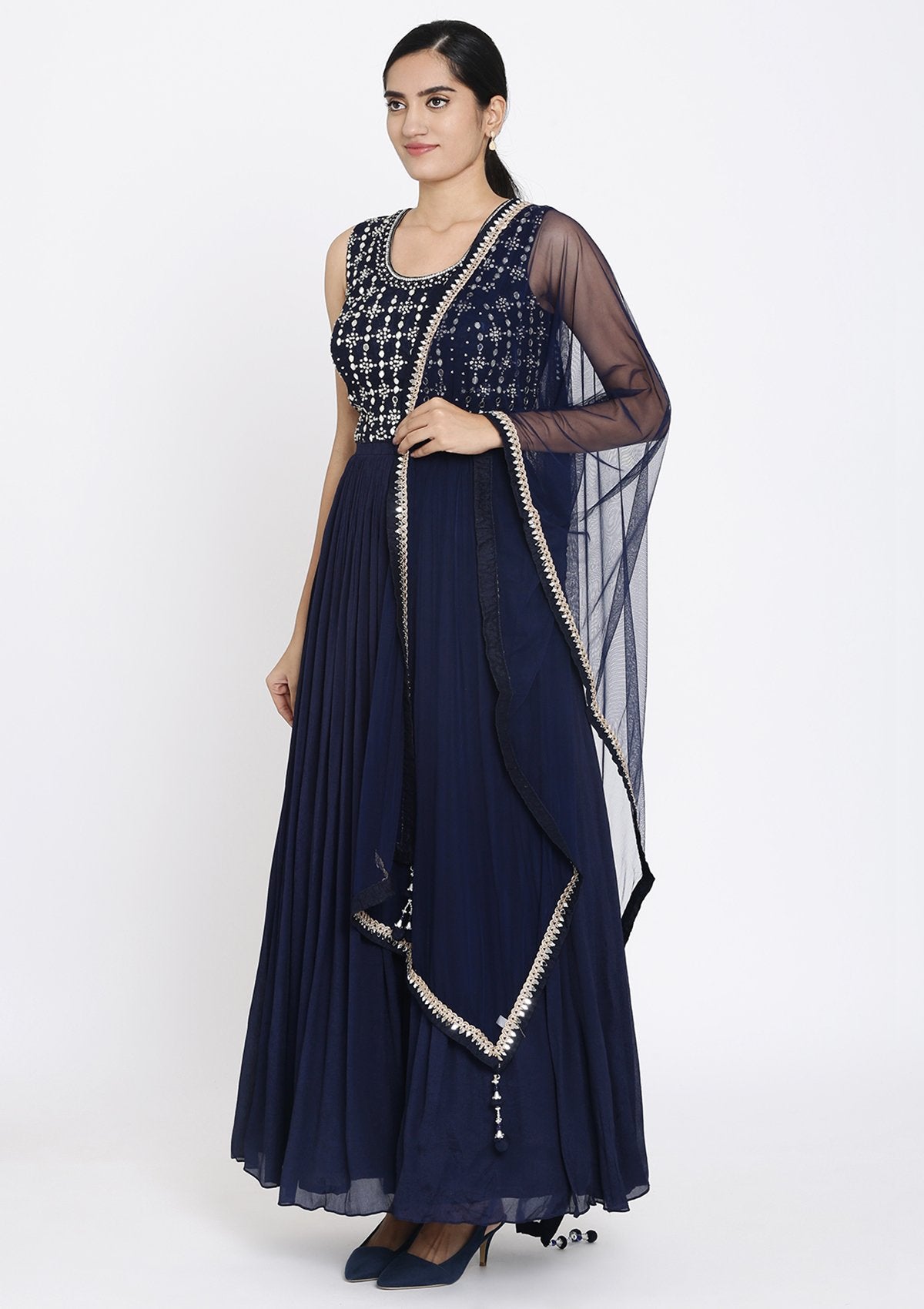 Navy Blue Mirrorwork Georgette Designer Gown - koskii