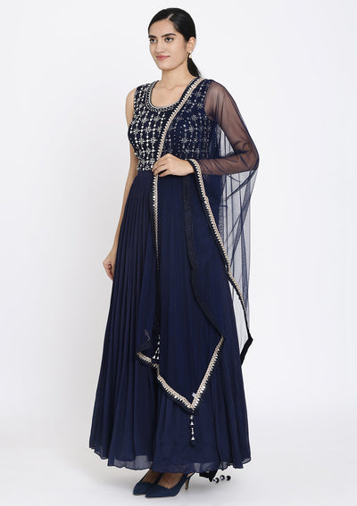 Navy Blue Mirrorwork Georgette Designer Gown - koskii