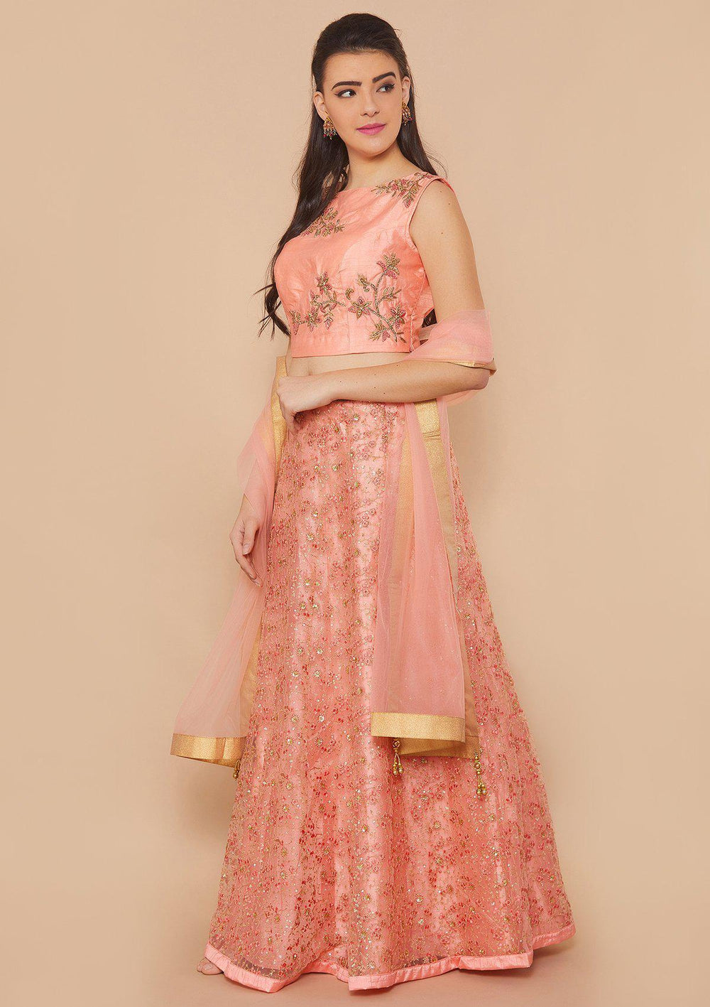 Peach Zariwork Net Designer Lehenga-Koskii